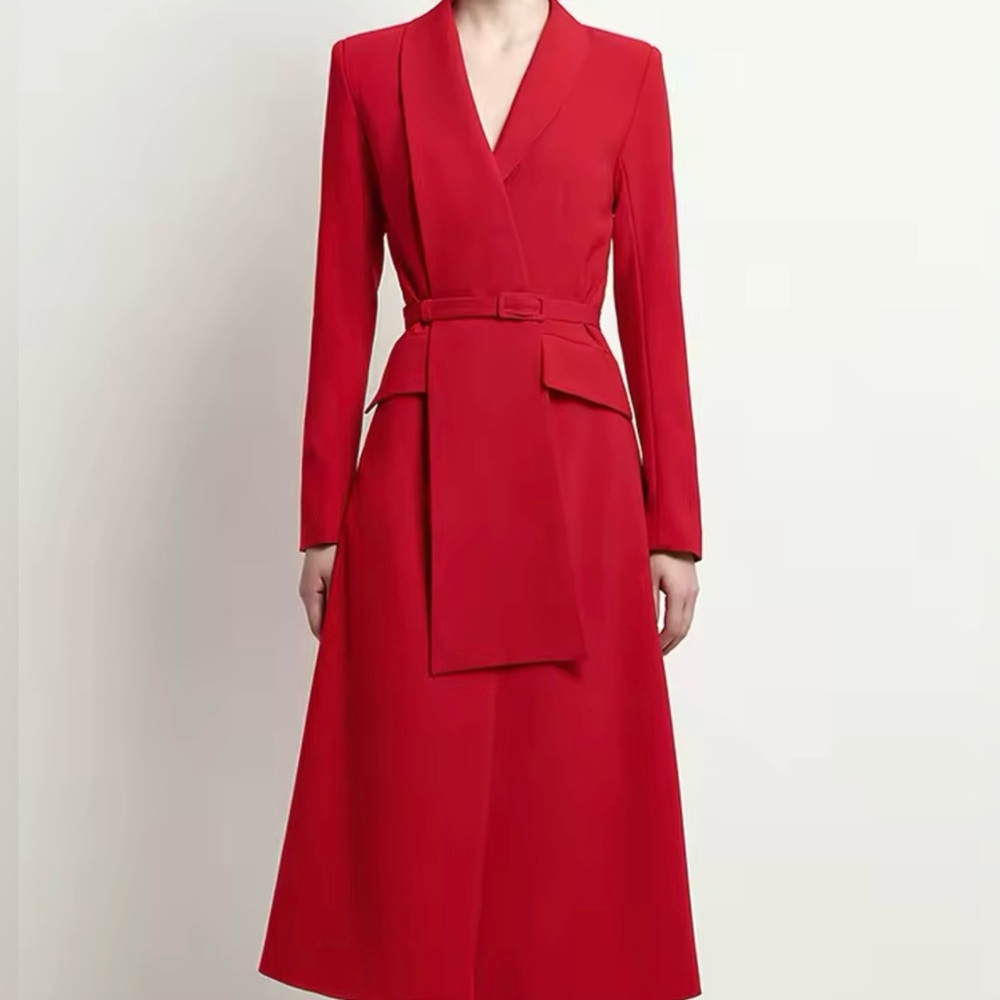 Elegant Red Long-Sleeve Wrap Dress with Belt